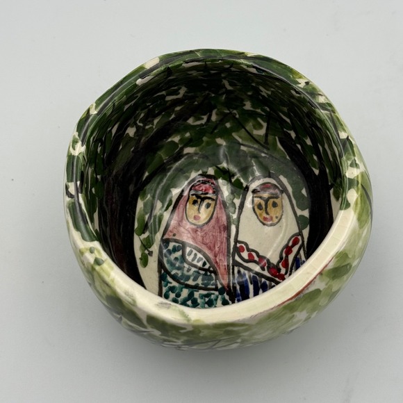 Other - Hand Painted Studio Pottery Bowl Folk Art Forest Figures Green Ceramic 3.25in